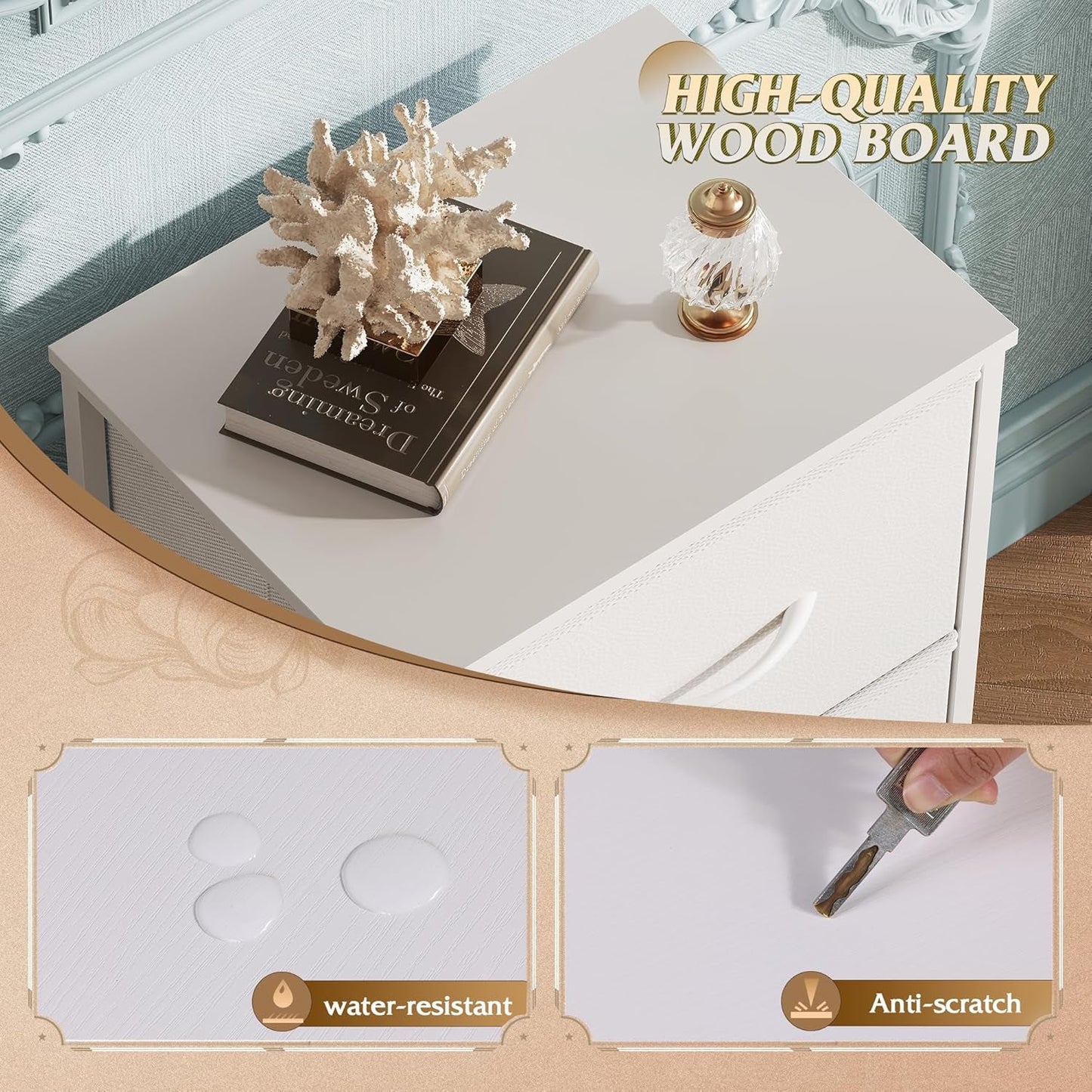 Dresser with 3 Drawers, Fabric Nightstand, Cabinet with Wheels,
