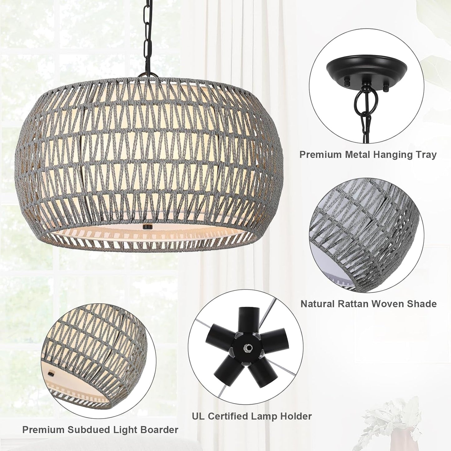 Farmhouse Chandelier Light Fixtures,5-Lights Rattan Dining Room Light