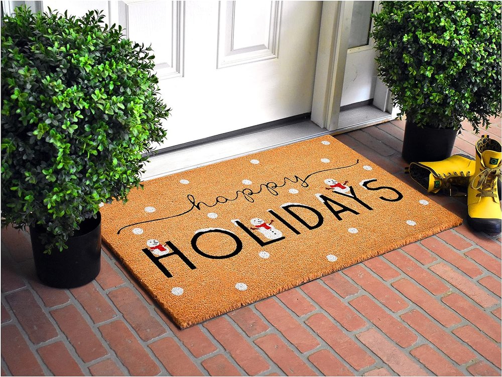 24" X 36" Natural Black and White Coir Happy Holidays Outdoor