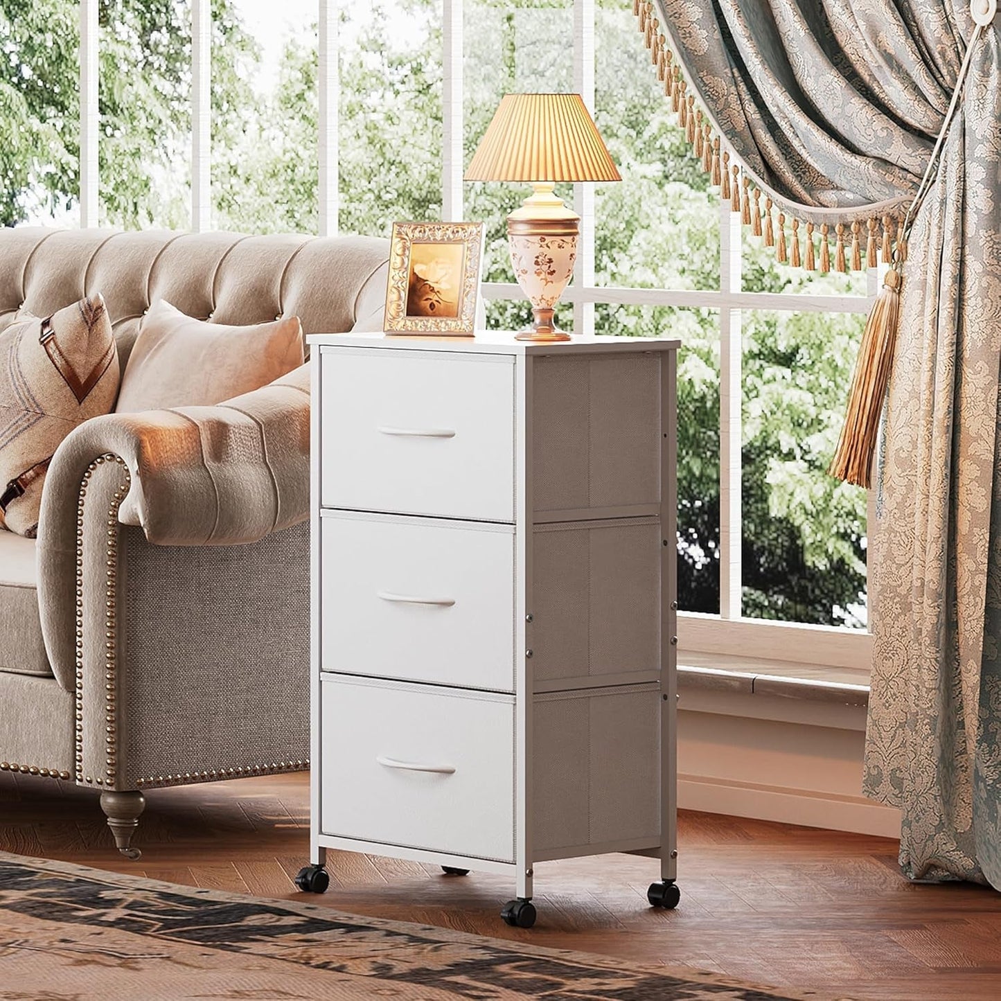 Dresser with 3 Drawers, Fabric Nightstand, Cabinet with Wheels,