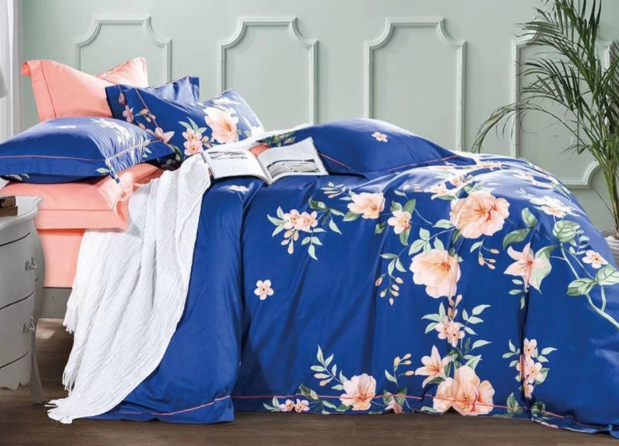 Elizabeth Blue/Orange Floral PURE Cotton Reversible Duvet Cover Set