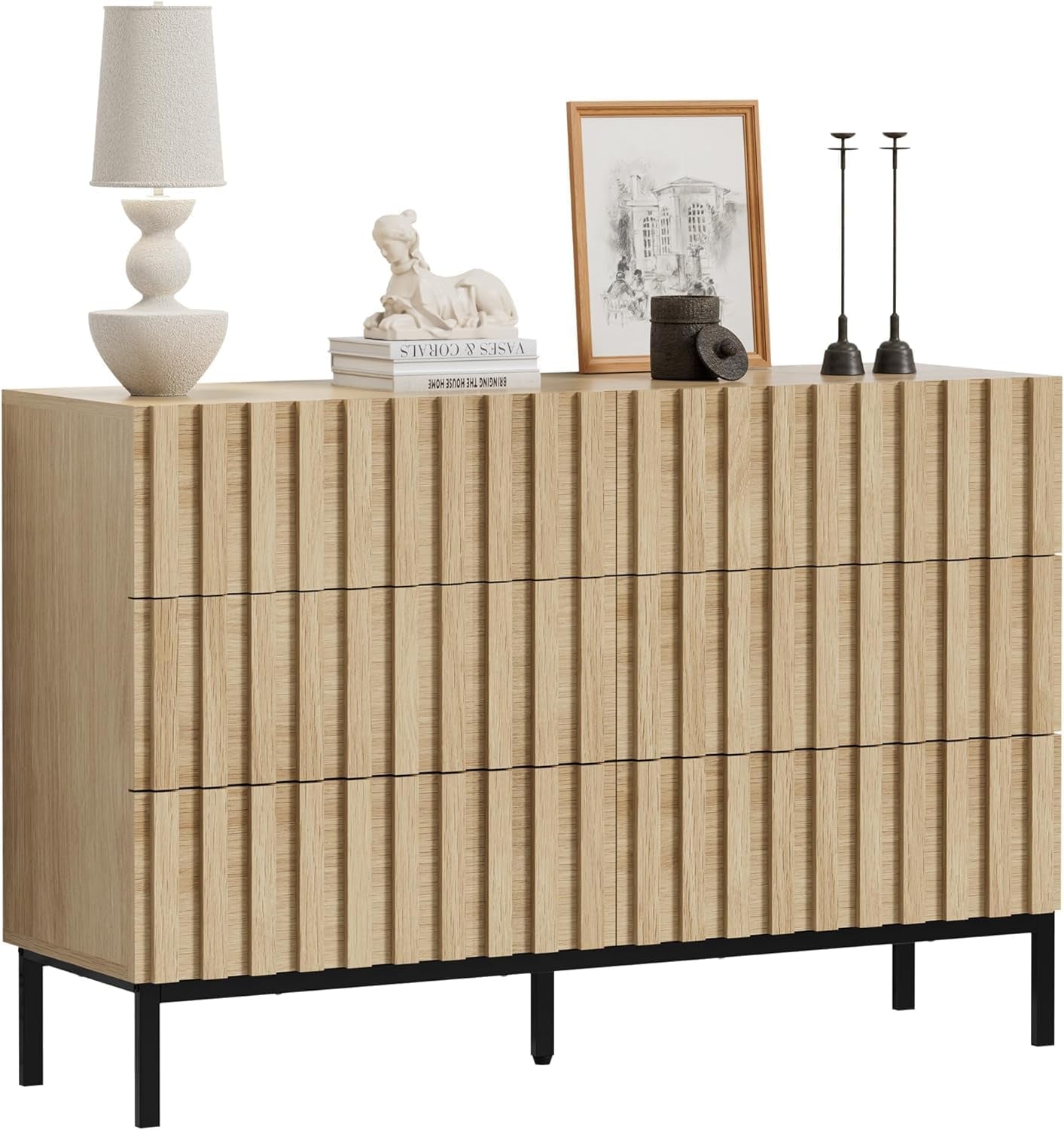 Natural Wood Dresser for Bedroom,Mid Century Modern Dresser,Fluted 6