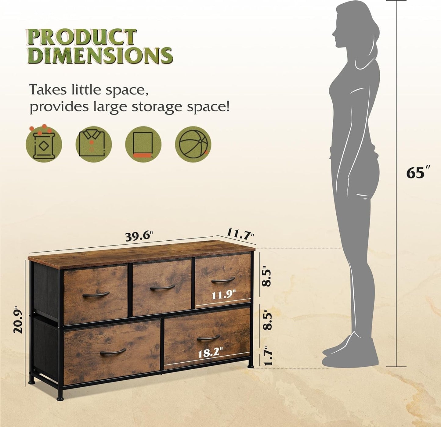 Dresser for Bedroom with 5 Drawers, Wide Chest of Drawers, Fabric