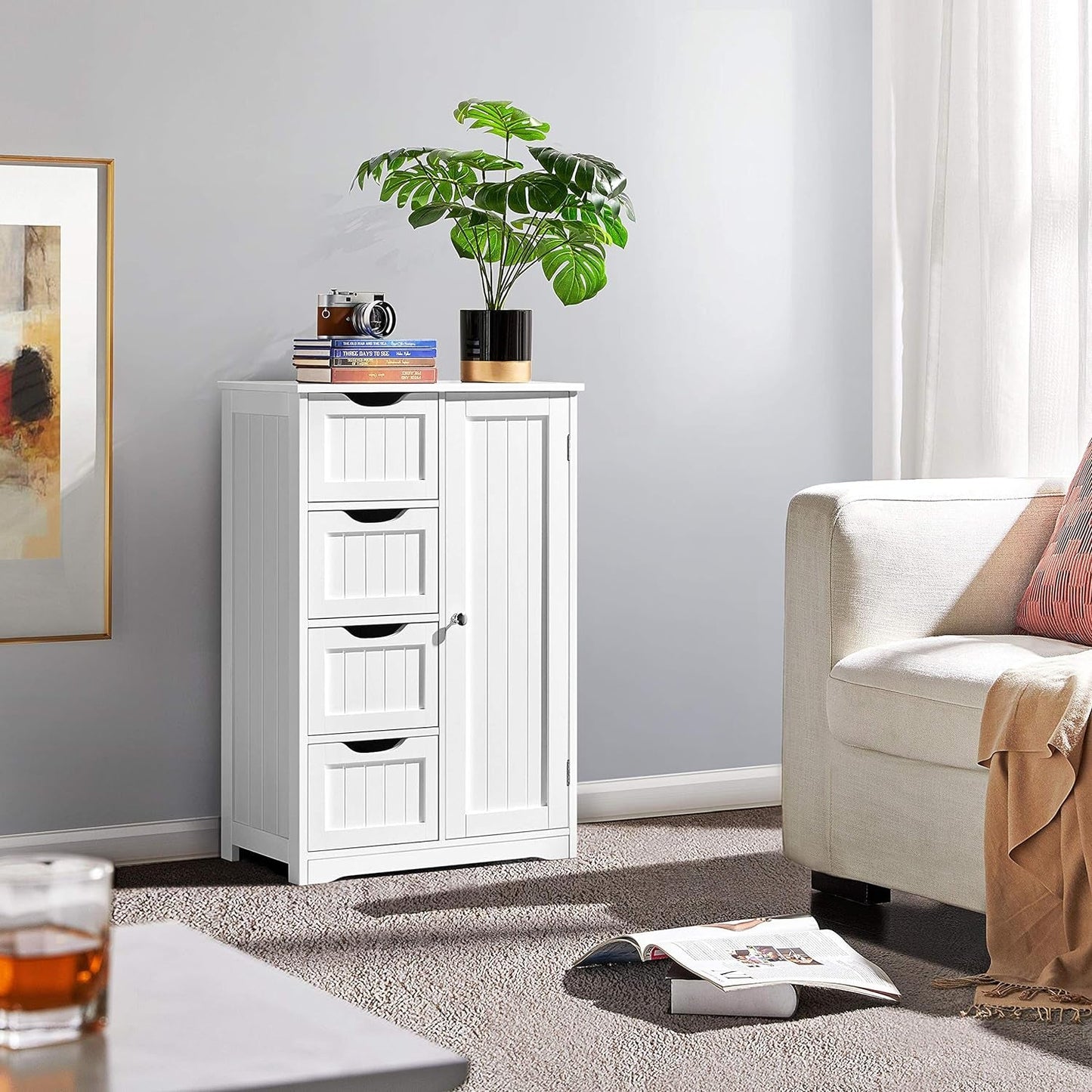 Wooden Floor Cabinet, Side Storage Organizer with 4 Drawers and 1