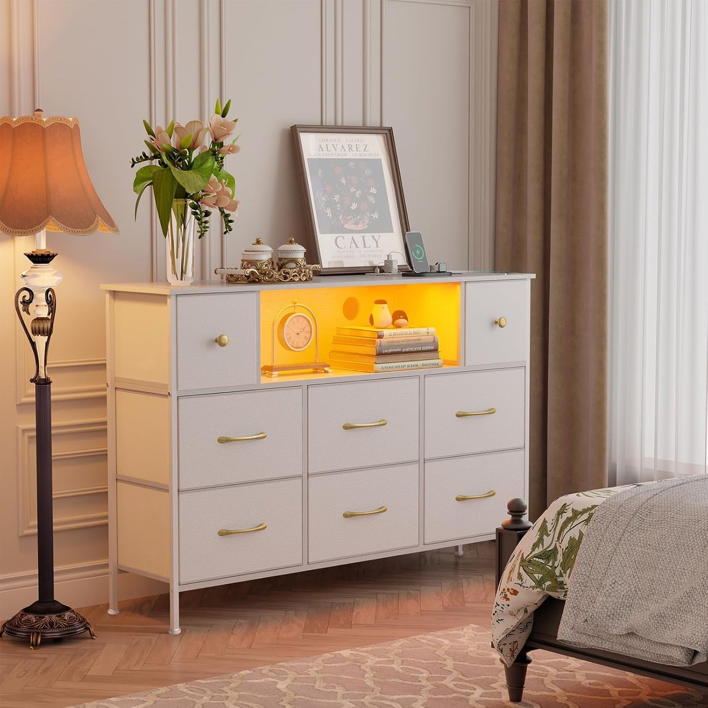 Dresser for Bedroom with Power Outlets and LED Lights, White 55" TV