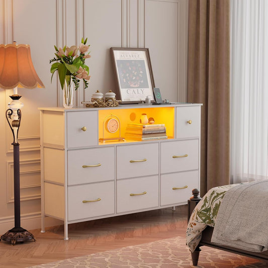 Dresser for Bedroom with Power Outlets and LED Lights, White 55" TV