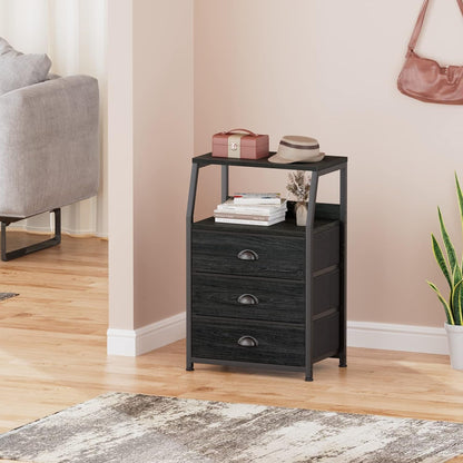 Black Night Stand, Small Dresser for Bedroom, Nightstand with 3 Fabric