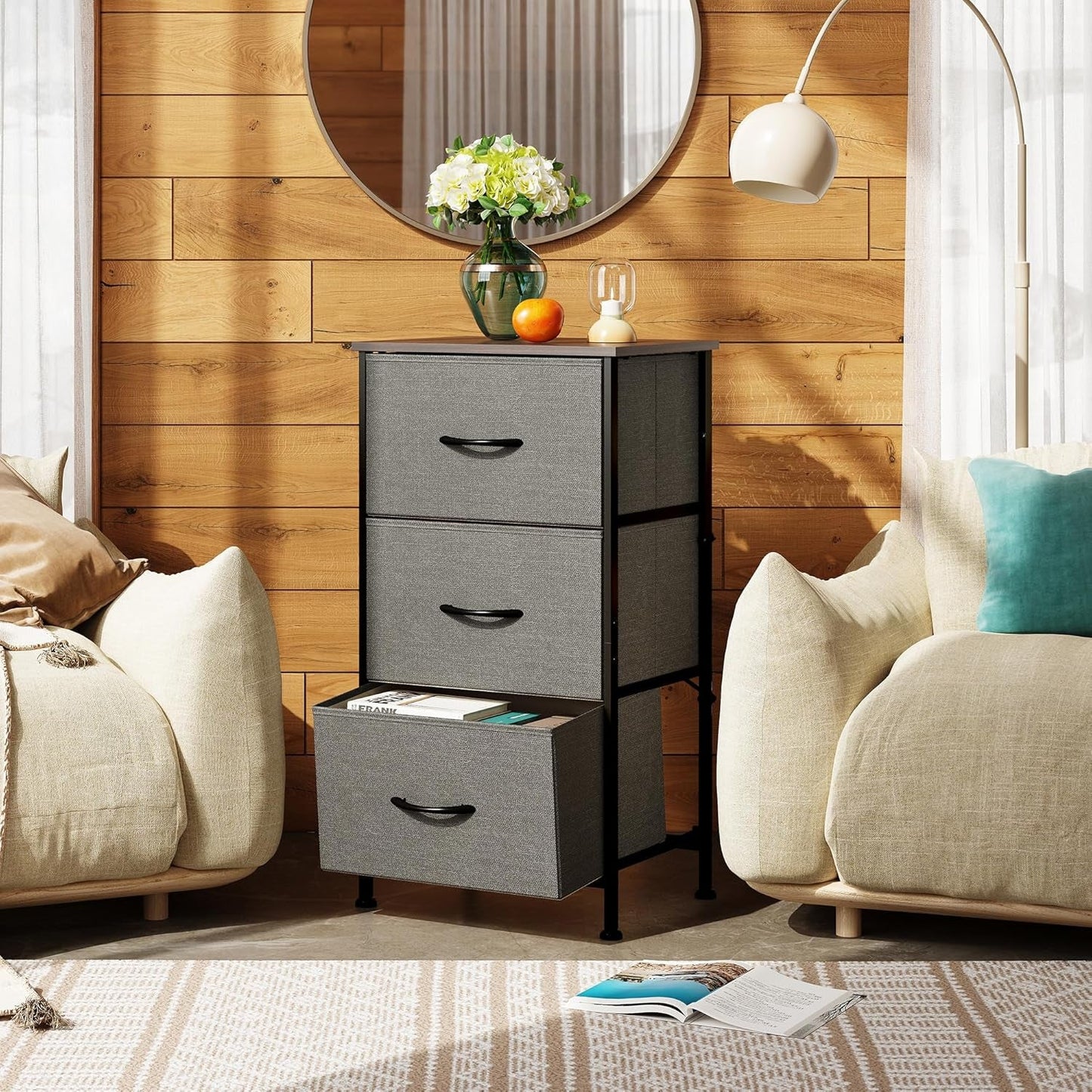 Dresser with 3 Drawers, Fabric Nightstand, Organizer Unit, Storage