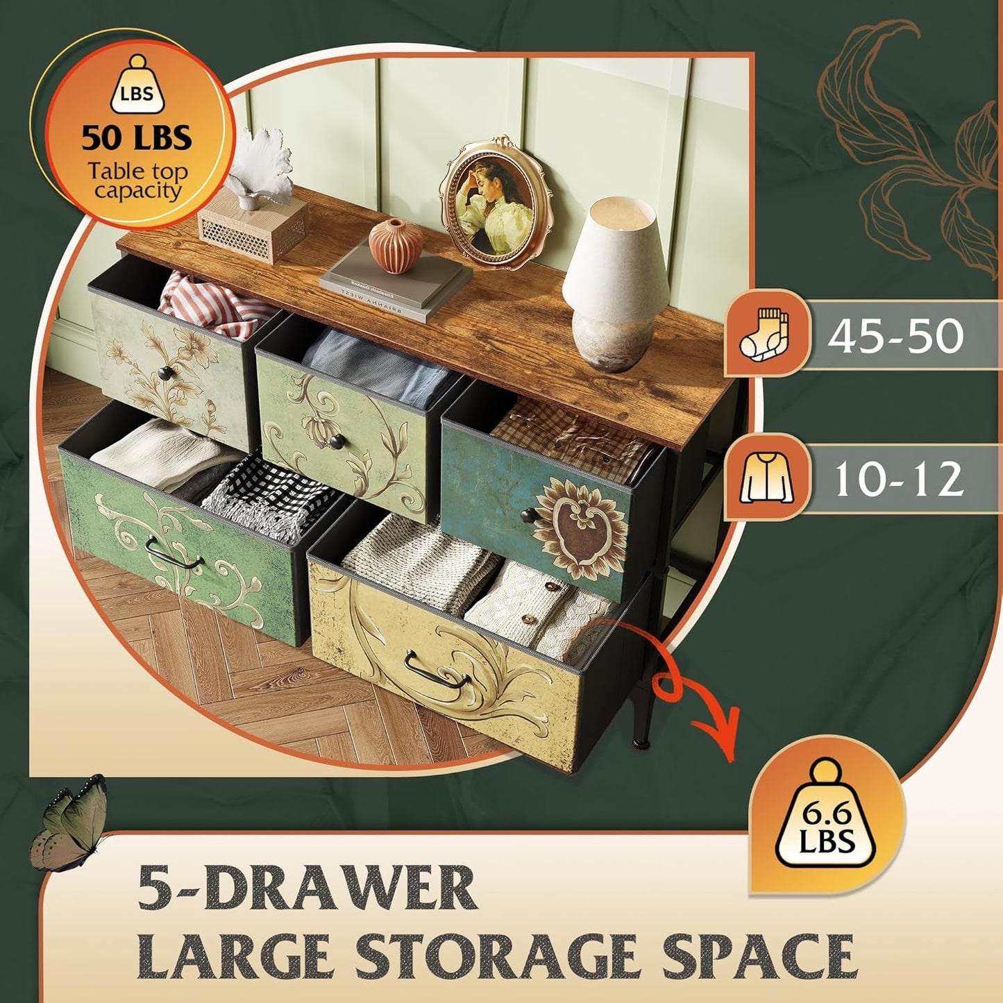 Dresser for Bedroom with 5 Drawers, Wide Chest of Drawers, Fabric
