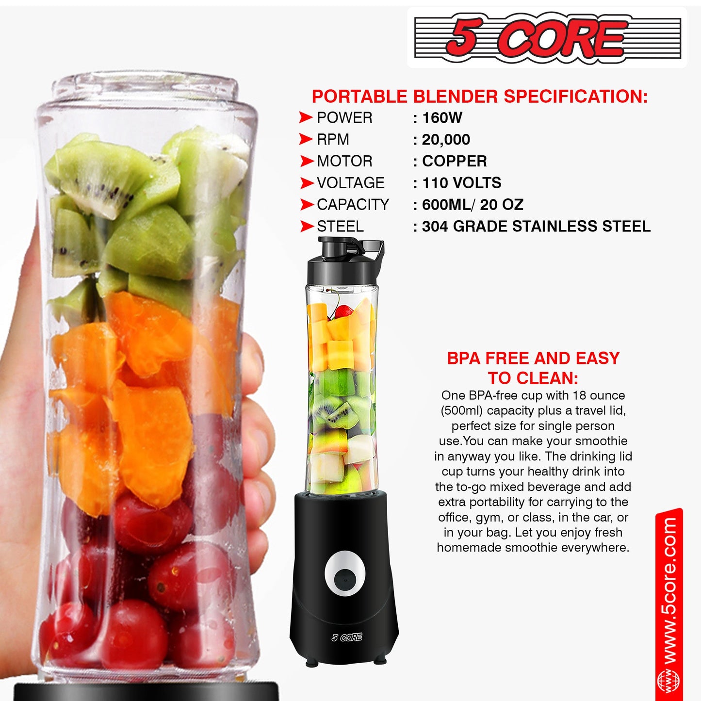 5Core Portable Personal Blender for Kitchen 20Oz Capacity 160W