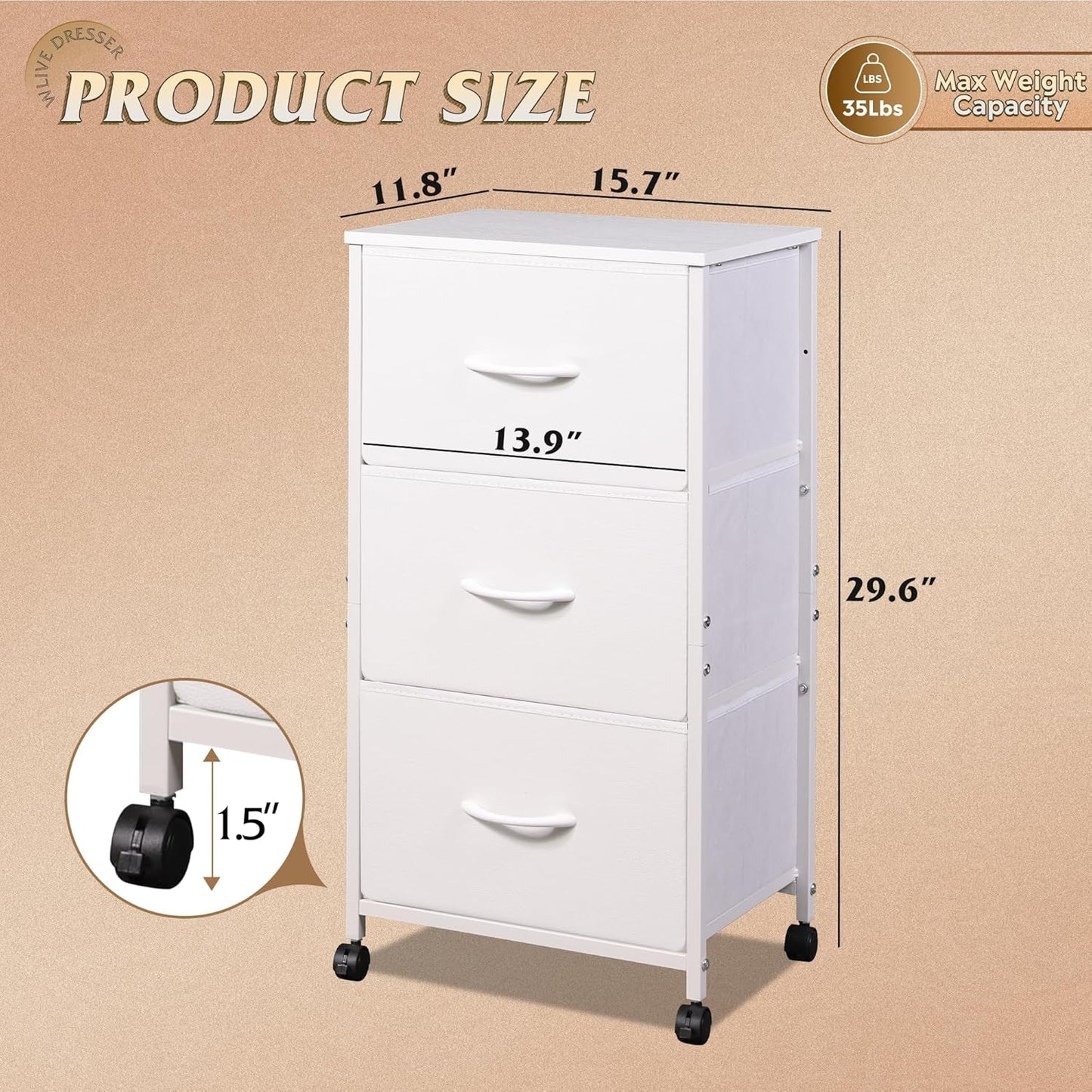 Dresser with 3 Drawers, Fabric Nightstand, Cabinet with Wheels,