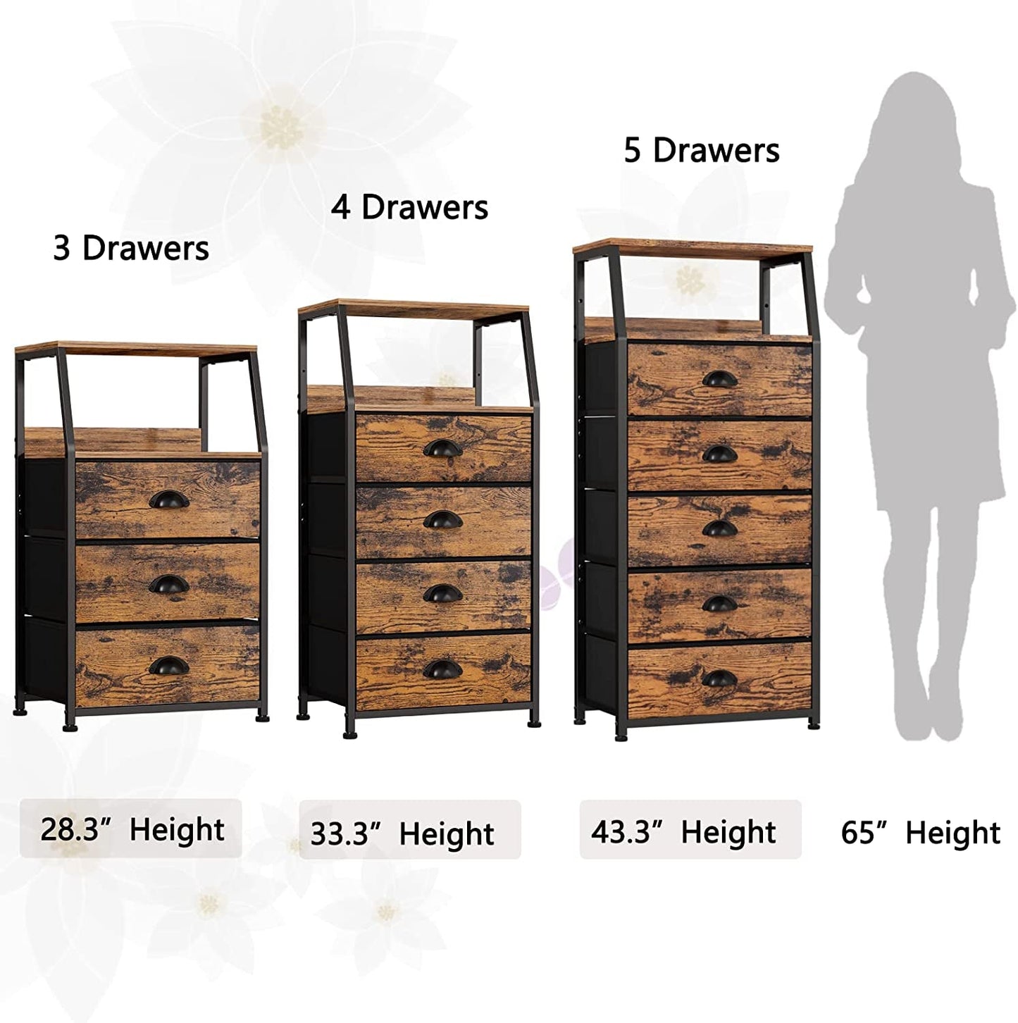 Nightstand with 3 Drawers and 2-Tier Shelf, Fabric Small Dresser