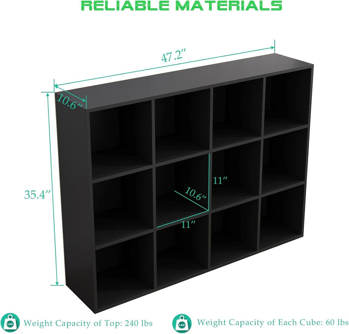 12-Cube Storage Shelf Bookcase - Wooden 3-Tier Floor Standing Open