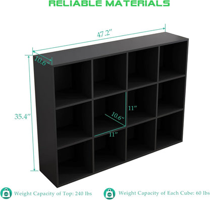 12-Cube Storage Shelf Bookcase - Wooden 3-Tier Floor Standing Open