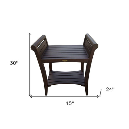 Rectangular Teak Shower Bench With Shelf And Handles In Brown Finish