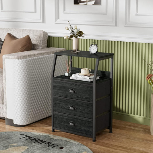 Black Night Stand, Small Dresser for Bedroom, Nightstand with 3 Fabric