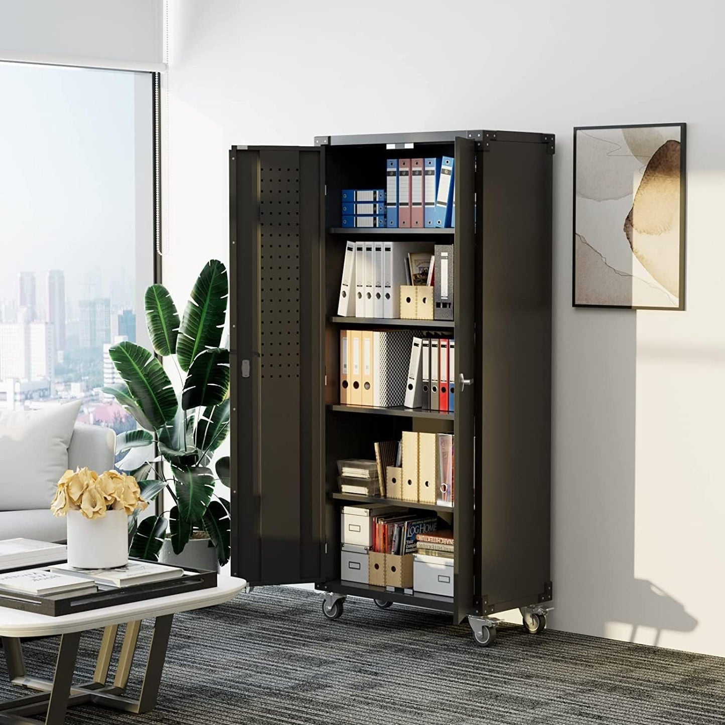 Garage Storage Cabinet With Wheels & Pegboard, H Locking Metal Storage