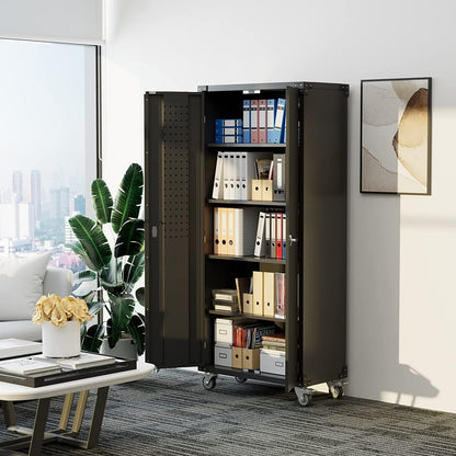 Garage Storage Cabinet With Wheels & Pegboard, H Locking Metal Storage