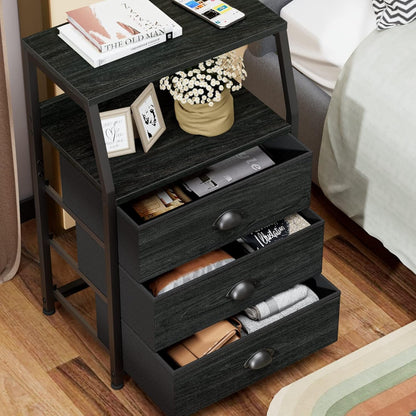 Black Night Stand, Small Dresser for Bedroom, Nightstand with 3 Fabric