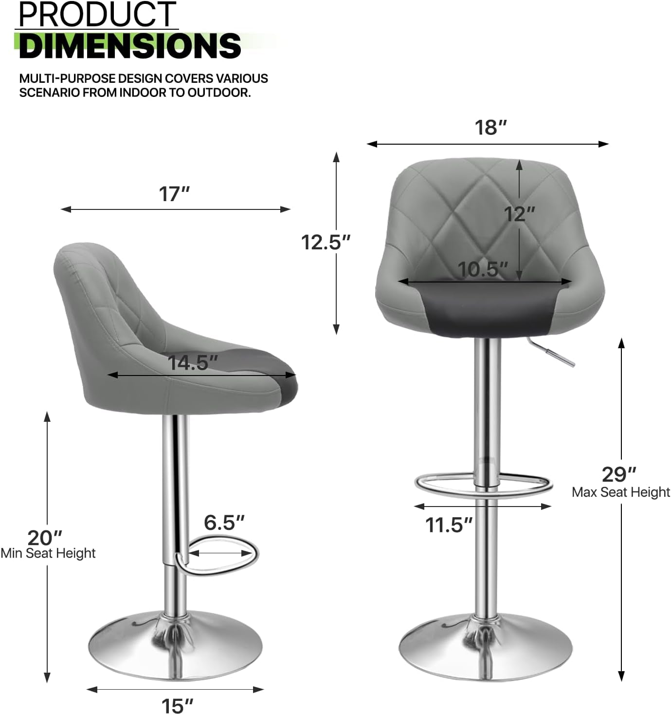 Bar Stools Set of 2 for Kitchen Counter, Height Adjustable Swivel PU