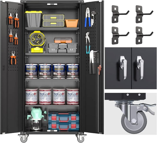 Garage Storage Cabinet With Wheels & Pegboard, H Locking Metal Storage