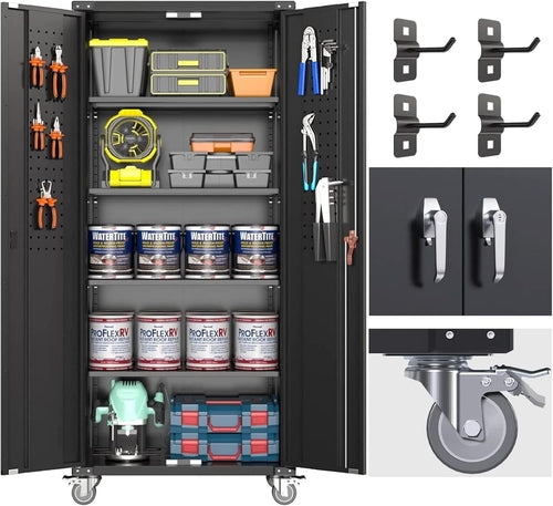 Garage Storage Cabinet With Wheels & Pegboard, H Locking Metal Storage