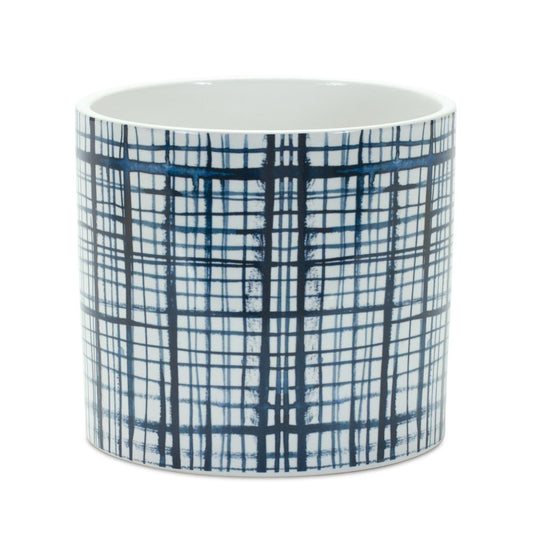 Set of Two White And Blue Ceramic Lattice 2 Ounce Round Pot Planters