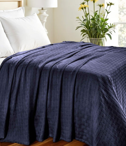 King Navy Blue Cotton Basketweave Geometric Blanket