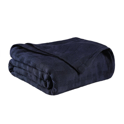 King Navy Blue Cotton Basketweave Geometric Blanket