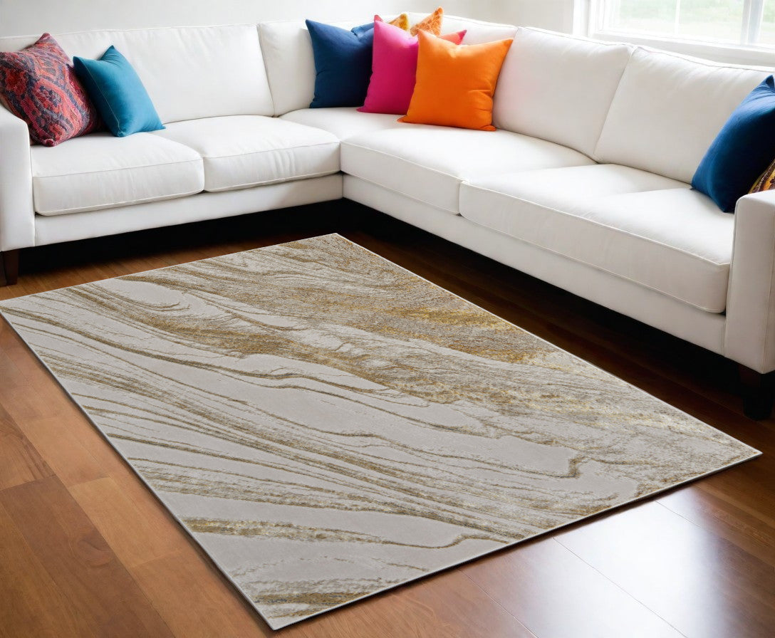 8' X 10' Ivory Brown and Gold Abstract Power Loom Area Rug