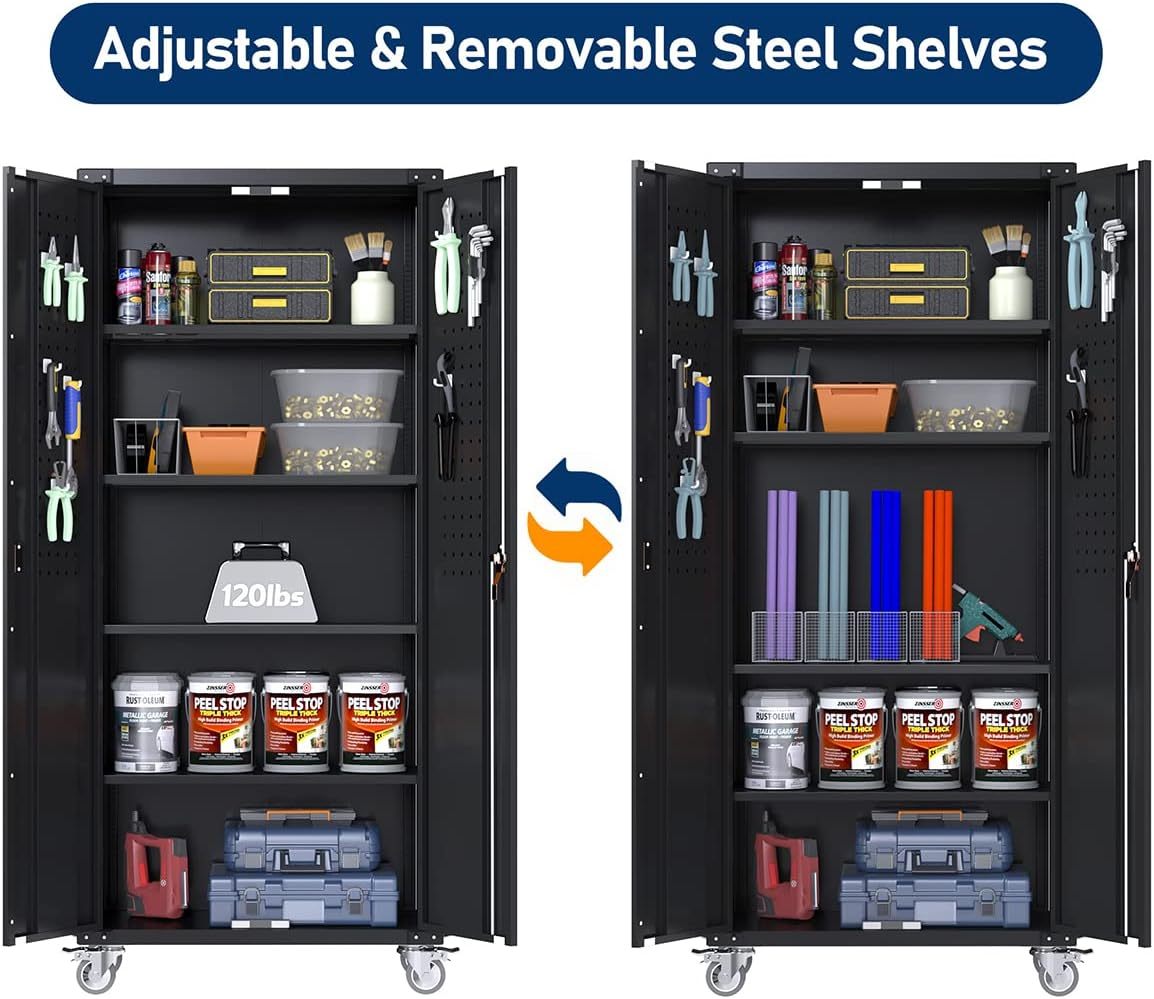 Garage Storage Cabinet With Wheels & Pegboard, H Locking Metal Storage