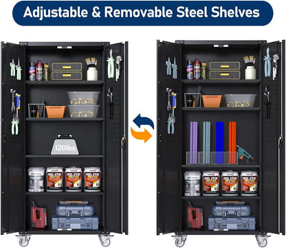 Garage Storage Cabinet With Wheels & Pegboard, H Locking Metal Storage