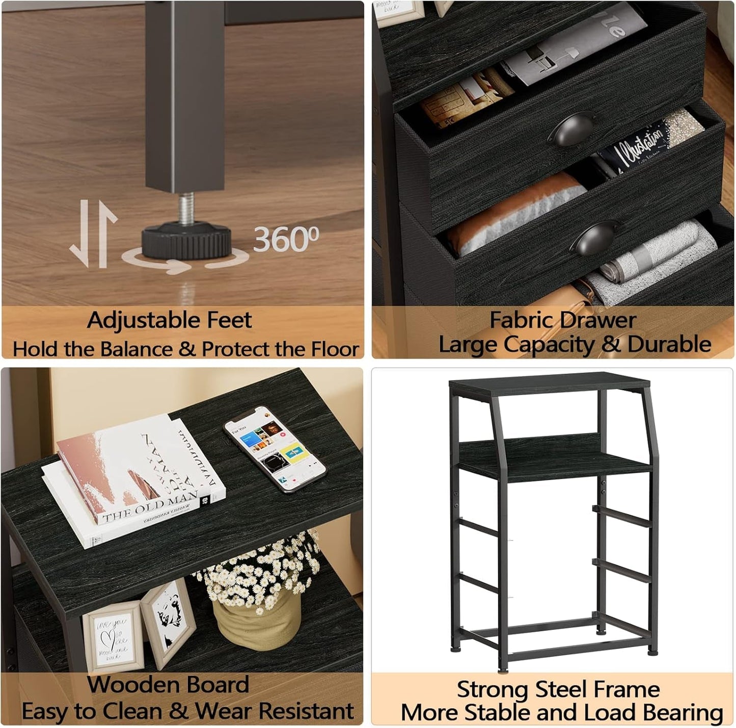 Black Night Stand, Small Dresser for Bedroom, Nightstand with 3 Fabric