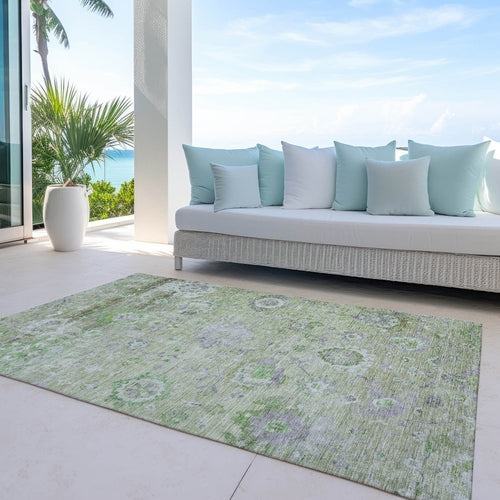 8' X 10' Mint Green And Gray Floral Washable Indoor Outdoor Area Rug
