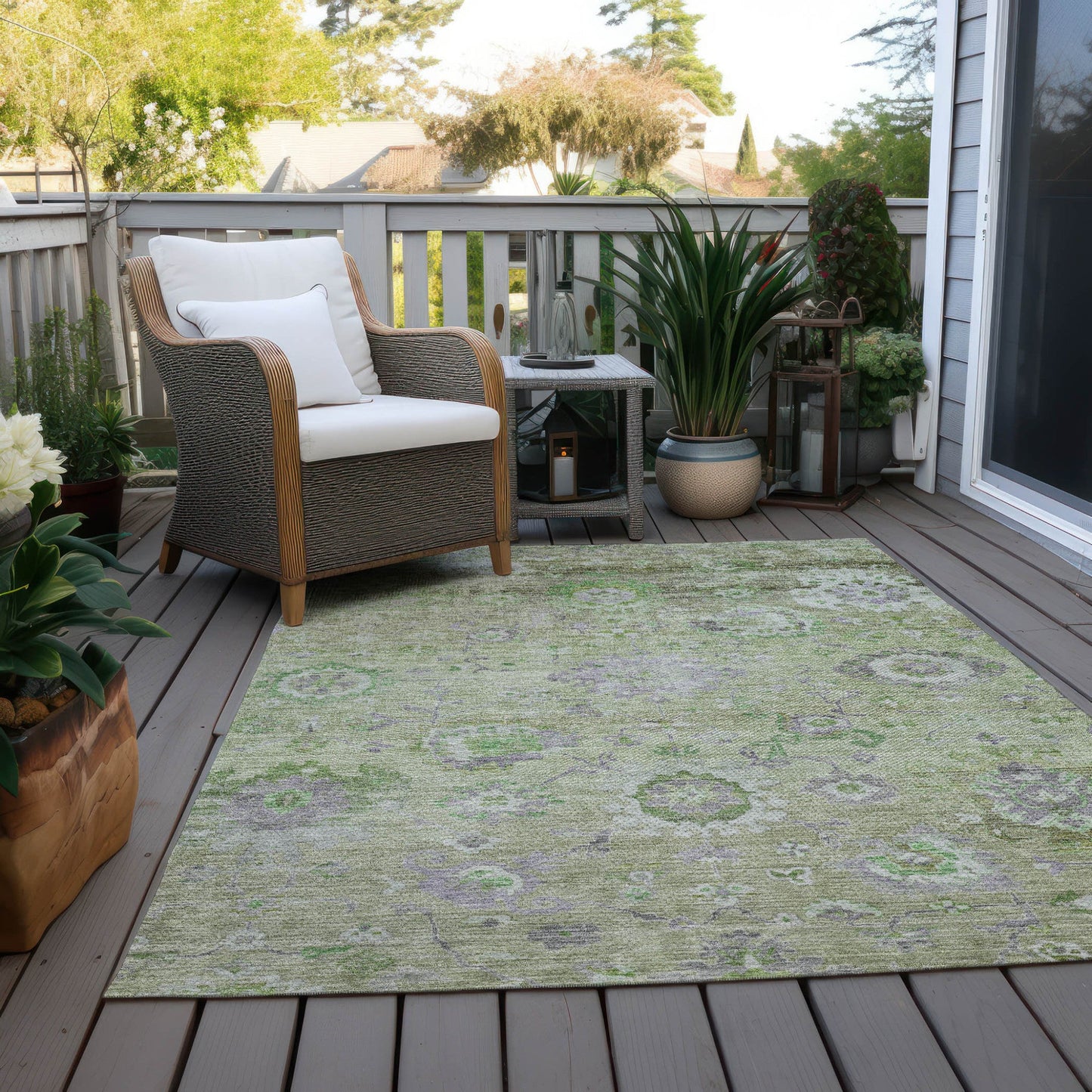 8' X 10' Mint Green And Gray Floral Washable Indoor Outdoor Area Rug