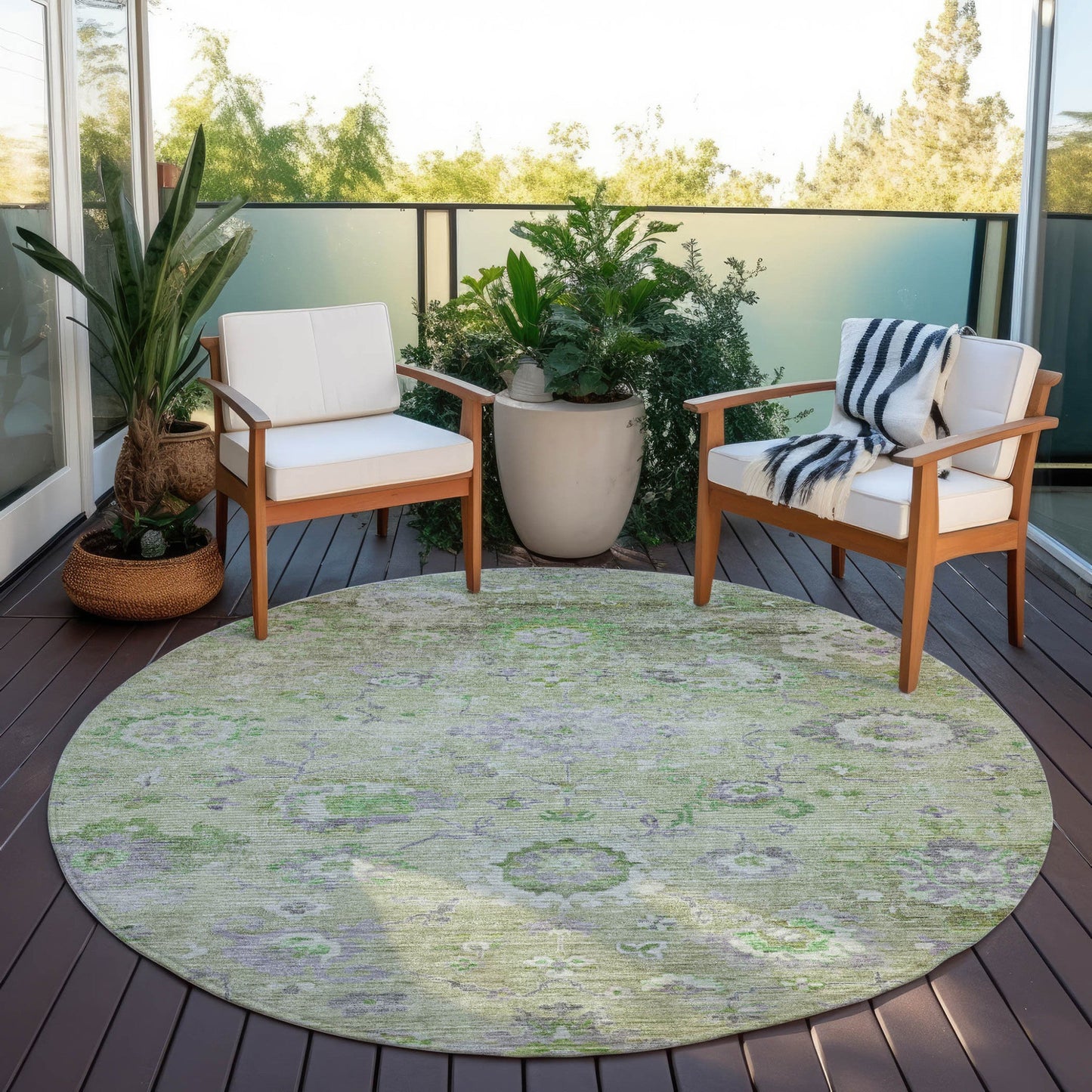 8' X 10' Mint Green And Gray Floral Washable Indoor Outdoor Area Rug