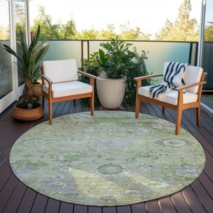 8' X 10' Mint Green And Gray Floral Washable Indoor Outdoor Area Rug