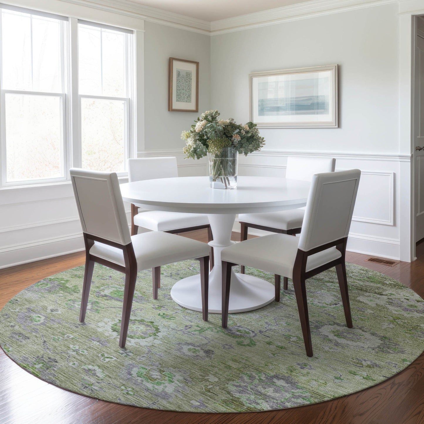 8' X 10' Mint Green And Gray Floral Washable Indoor Outdoor Area Rug