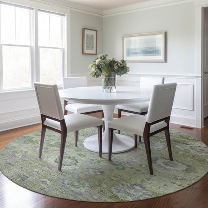 8' X 10' Mint Green And Gray Floral Washable Indoor Outdoor Area Rug
