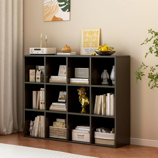 12-Cube Storage Shelf Bookcase - Wooden 3-Tier Floor Standing Open