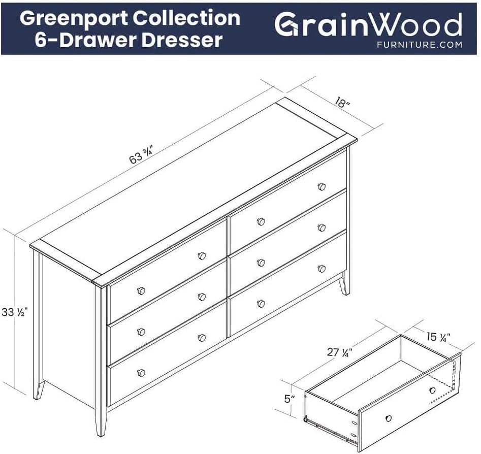 Greenport 6-Drawer Bedroom Dresser, Solid Wood with a Brushed White