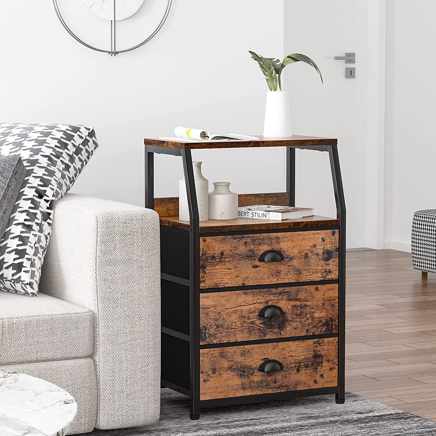 Nightstand with 3 Drawers and 2-Tier Shelf, Fabric Small Dresser