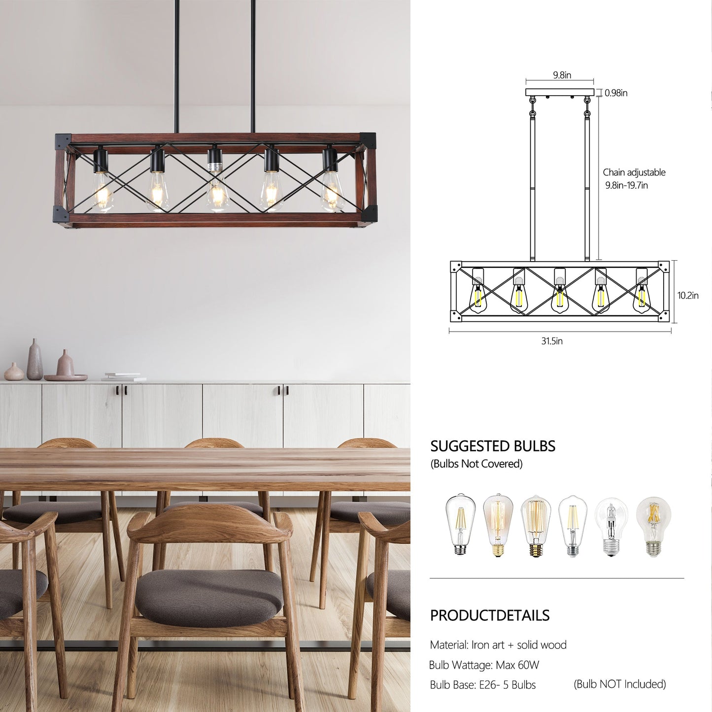5-Light Retro Farmhouse Chandelier For Kitchen, Living room, Dining