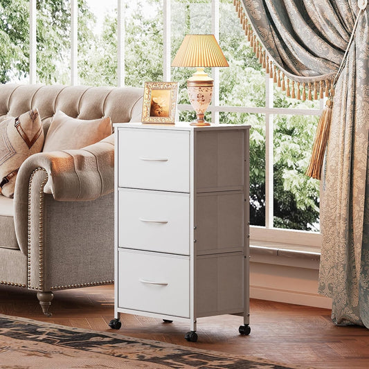 Dresser with 3 Drawers, Fabric Nightstand, Cabinet with Wheels,
