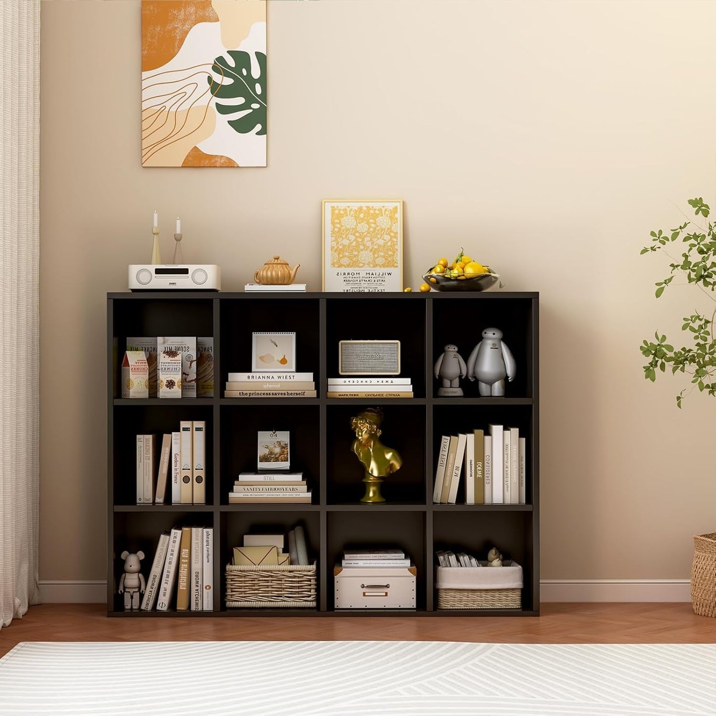 12-Cube Storage Shelf Bookcase - Wooden 3-Tier Floor Standing Open