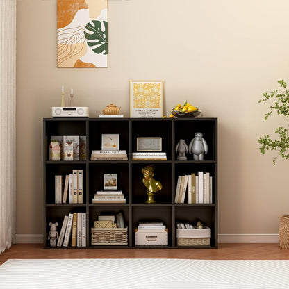 12-Cube Storage Shelf Bookcase - Wooden 3-Tier Floor Standing Open