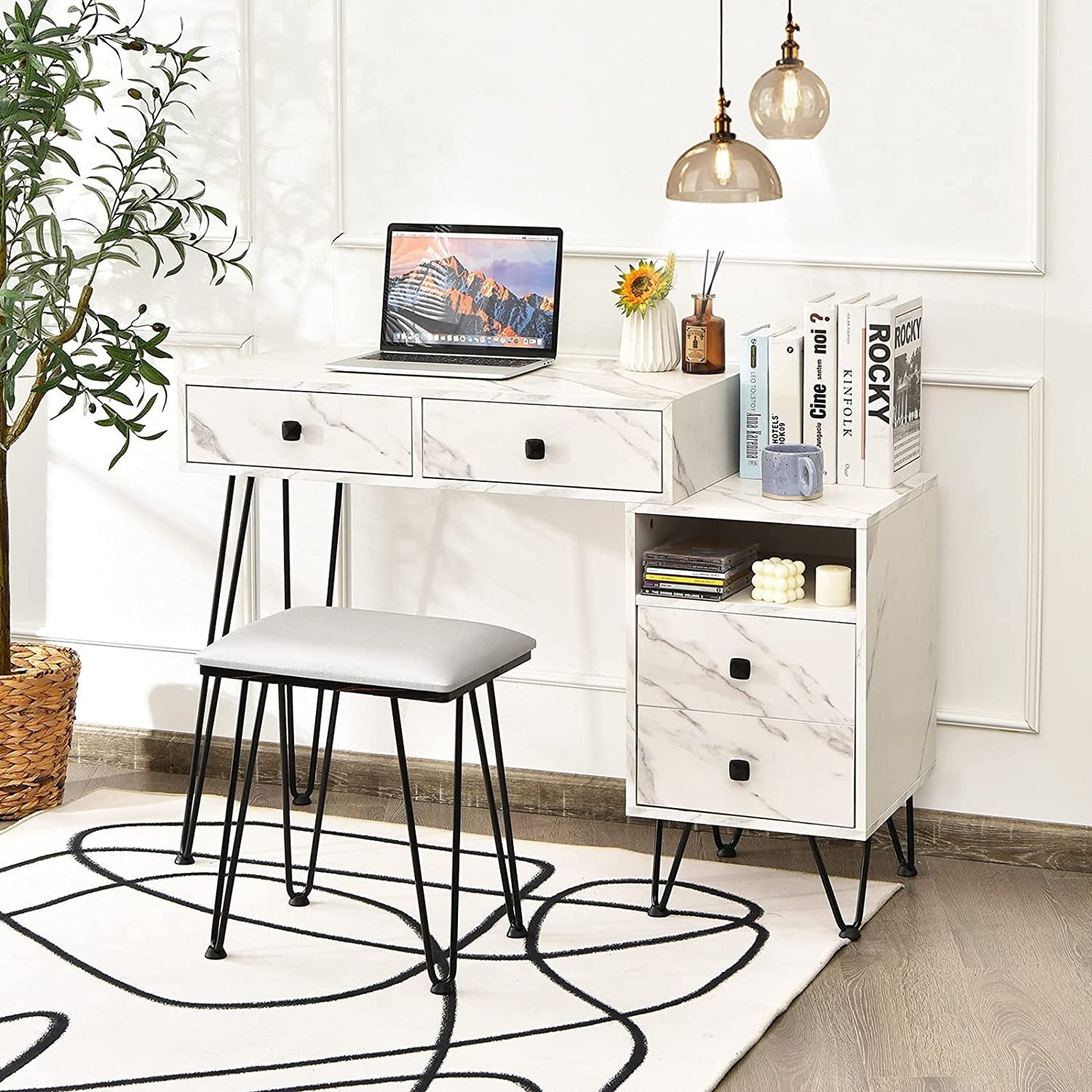 Vanity Set with Lighted Mirror, Left or Right Side Cabinet (Marble