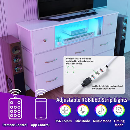 Dresser for Bedroom with Power Outlets and LED Lights, White 55" TV