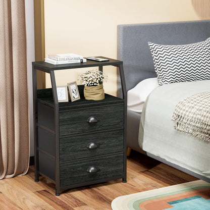 Black Night Stand, Small Dresser for Bedroom, Nightstand with 3 Fabric