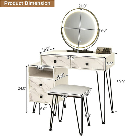 Vanity Set with Lighted Mirror, Left or Right Side Cabinet (Marble